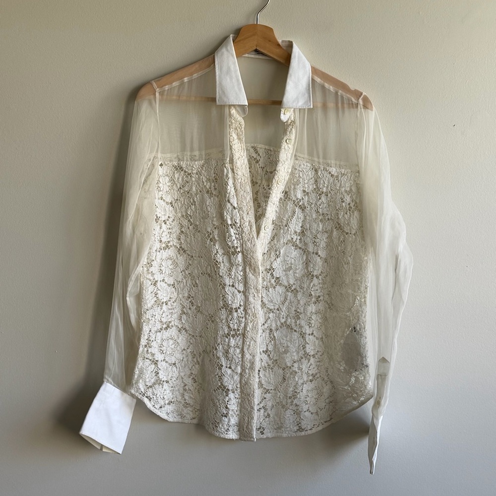 Valentino Ivory Lace Sheer Long Sleeve Button Up Collared Blouse US 10